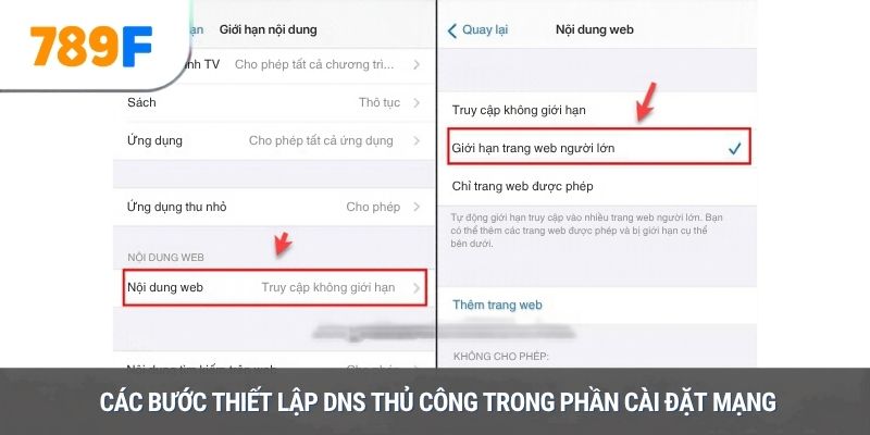 Các bước thiết lập DNS thủ công trong phần cài đặt mạng 